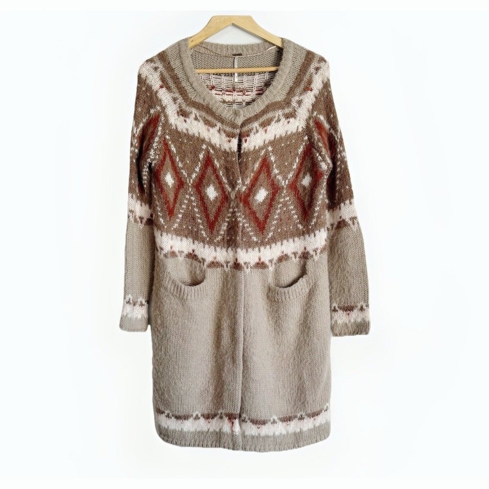 Free People Boho Wool Mohair Blend Fair Isle Long Cardigan Sz Small Cozy Cabin